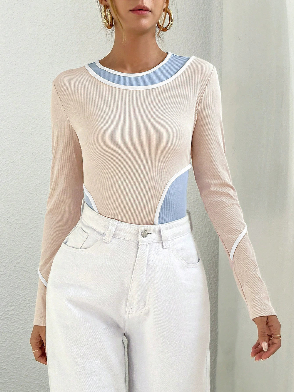 ZARA Faux 2 Piece Color Block Knit Slim Fit Long Sleeve Top